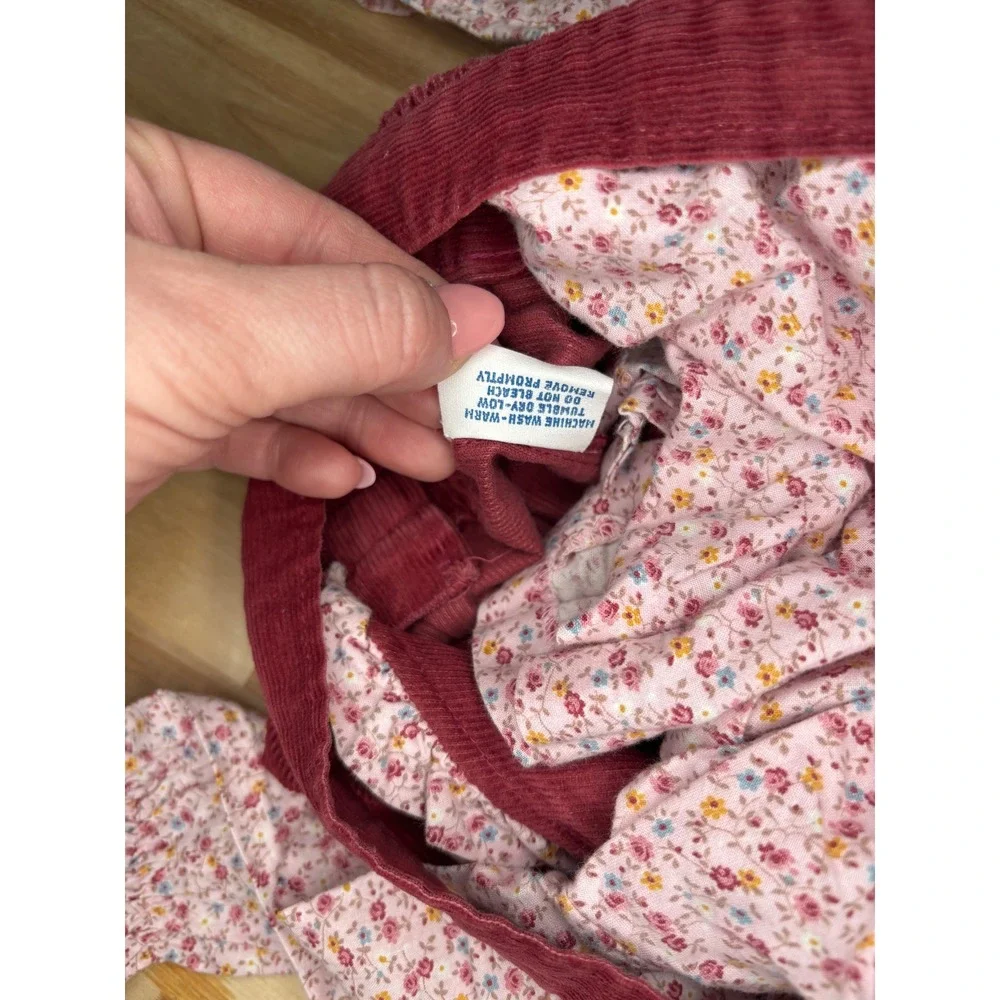 Vintage Doe Spun Girls 4‎ Corduroy Overalls Floral Blouse Set Burgundy Pink USA